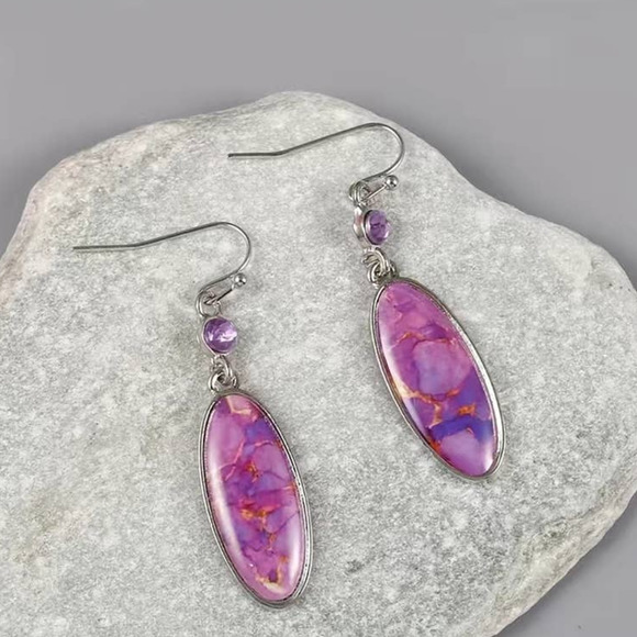 Purple Faux Turquoise Oval ‎ Dangle Earrings Alloy Silver Plated - Picture 2 of 7